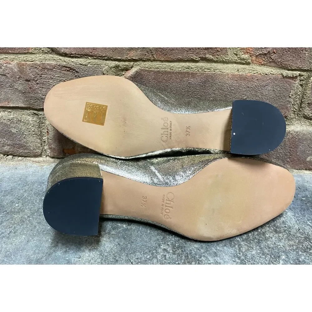 Chloe Glittery Metallic Gold Scalloped Leather Block Heel Size 7.5 NEW